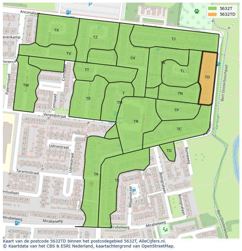 Afbeelding van het postcodegebied 5632 TD op de kaart.