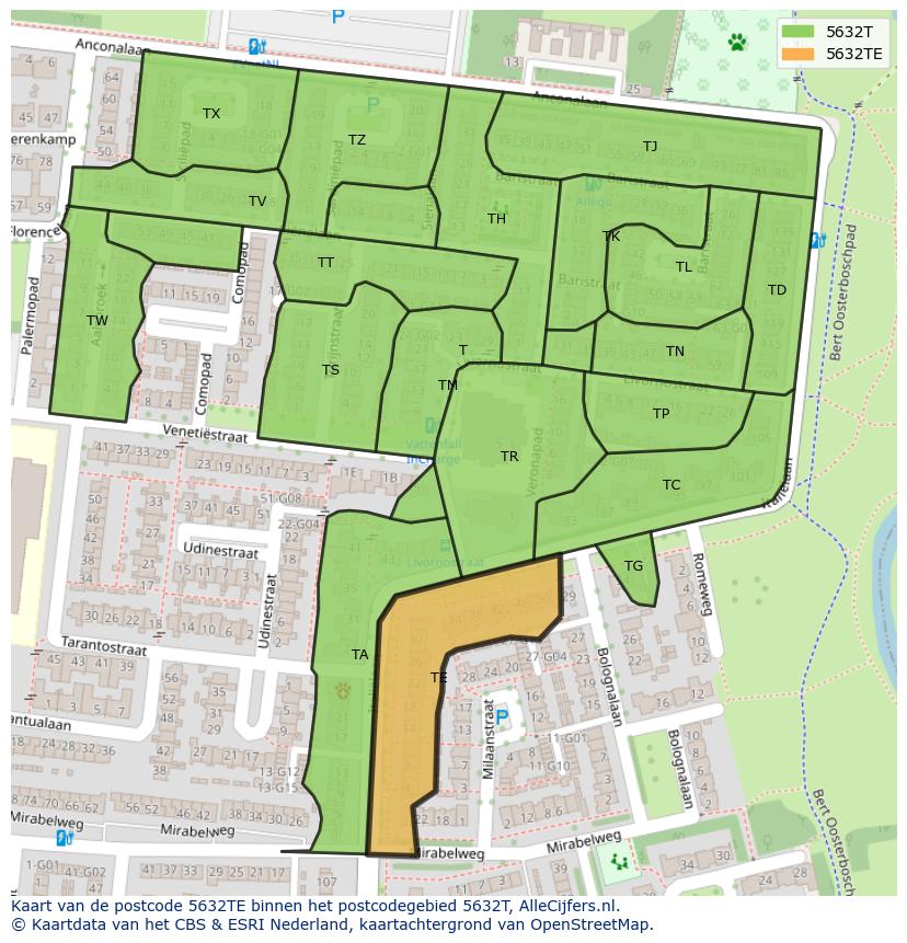 Afbeelding van het postcodegebied 5632 TE op de kaart.