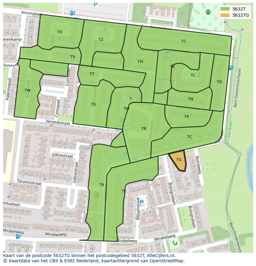 Afbeelding van het postcodegebied 5632 TG op de kaart.