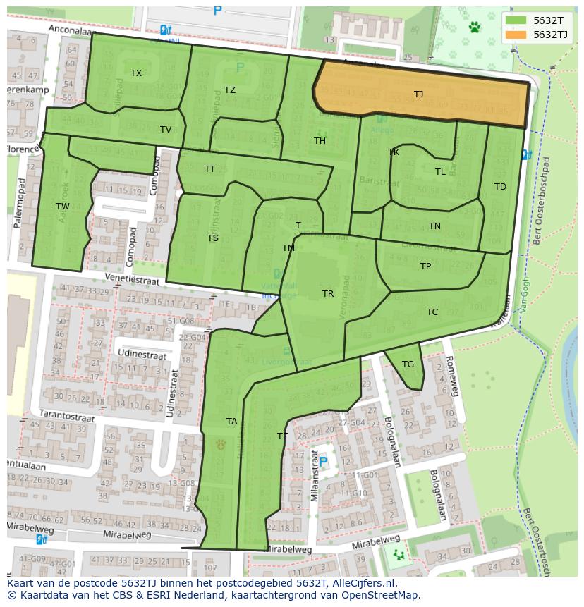 Afbeelding van het postcodegebied 5632 TJ op de kaart.
