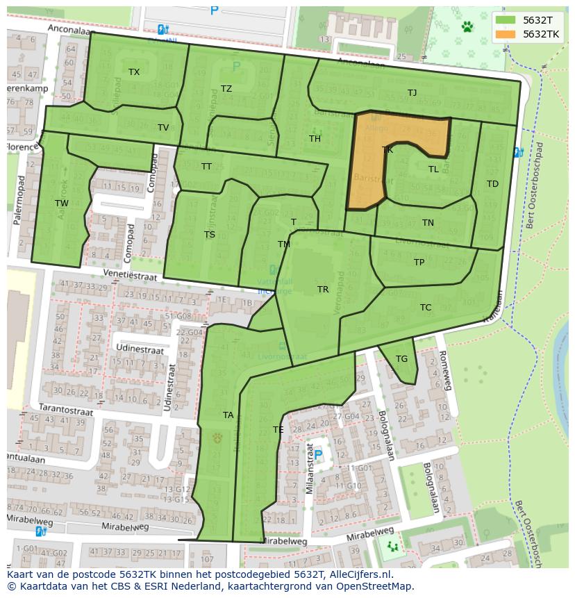 Afbeelding van het postcodegebied 5632 TK op de kaart.