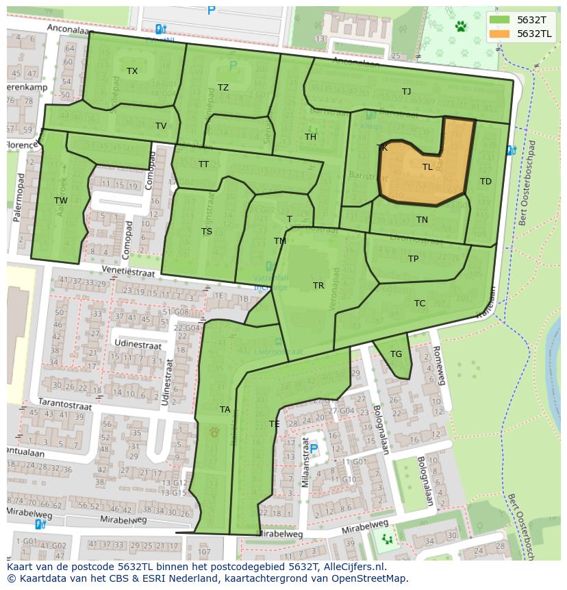 Afbeelding van het postcodegebied 5632 TL op de kaart.