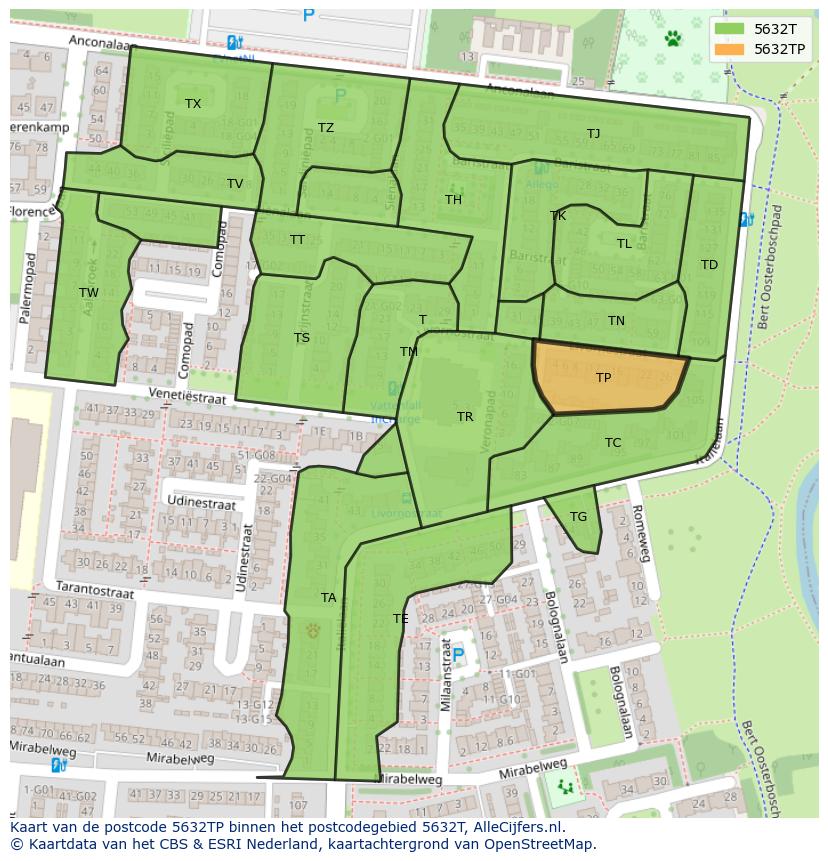 Afbeelding van het postcodegebied 5632 TP op de kaart.