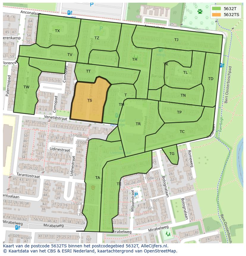 Afbeelding van het postcodegebied 5632 TS op de kaart.