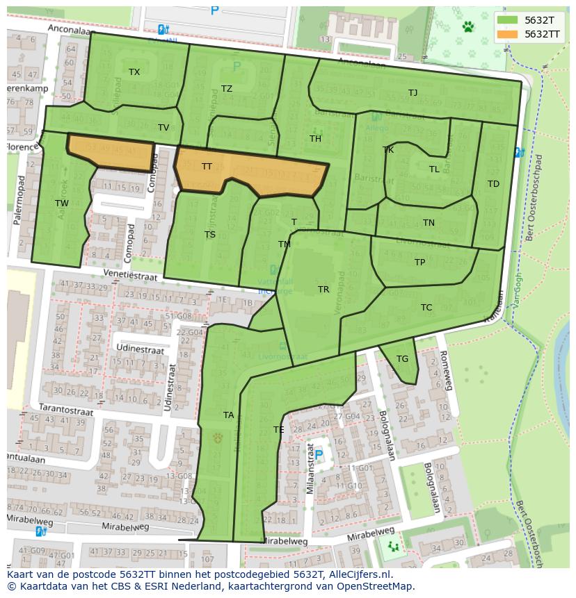 Afbeelding van het postcodegebied 5632 TT op de kaart.