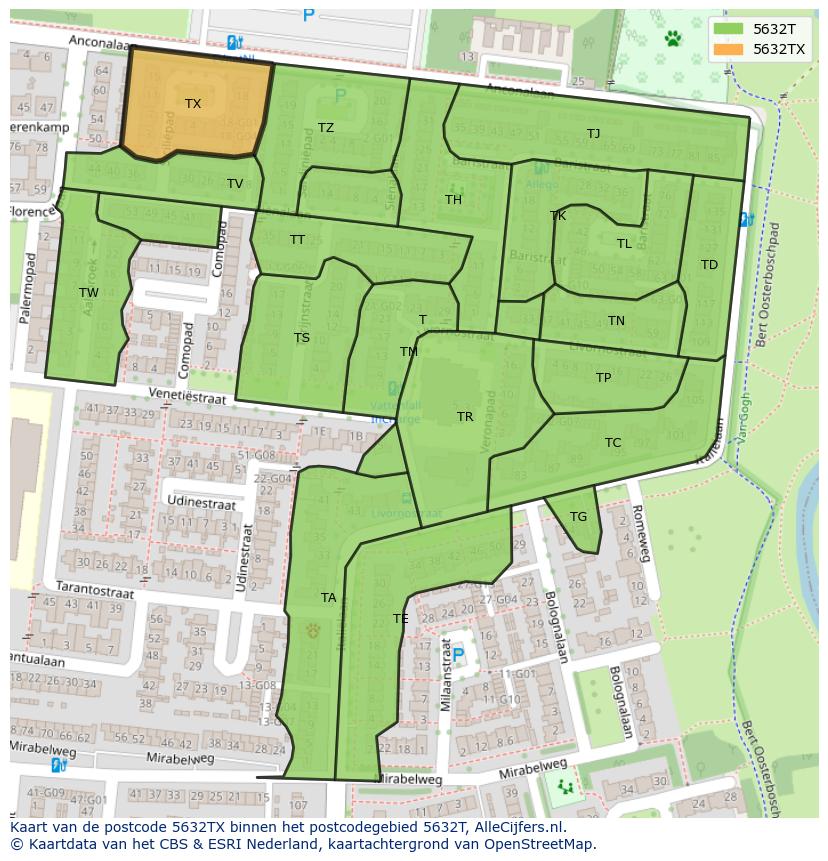 Afbeelding van het postcodegebied 5632 TX op de kaart.