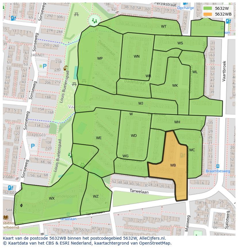 Afbeelding van het postcodegebied 5632 WB op de kaart.
