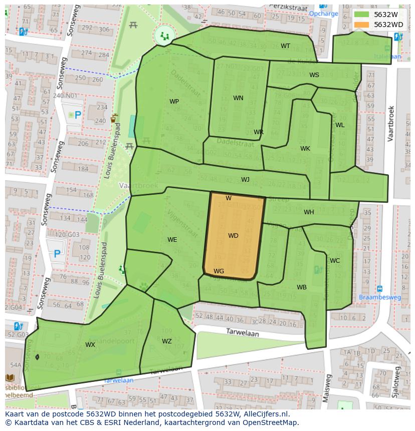 Afbeelding van het postcodegebied 5632 WD op de kaart.