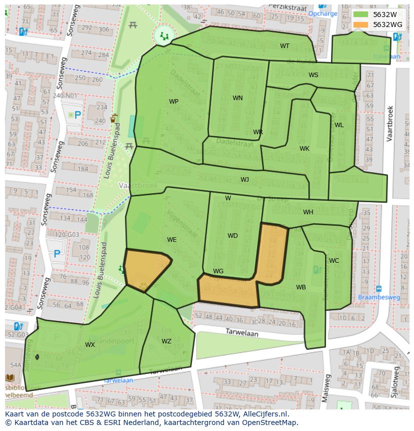 Afbeelding van het postcodegebied 5632 WG op de kaart.
