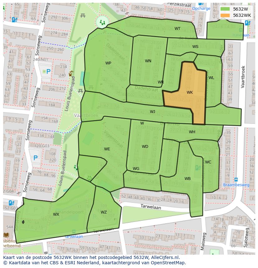 Afbeelding van het postcodegebied 5632 WK op de kaart.
