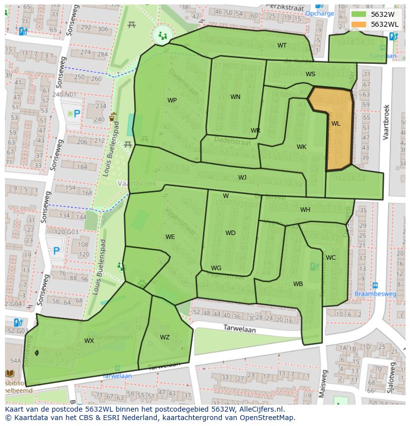Afbeelding van het postcodegebied 5632 WL op de kaart.