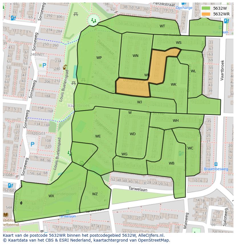 Afbeelding van het postcodegebied 5632 WR op de kaart.