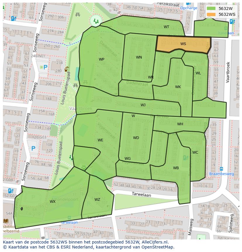 Afbeelding van het postcodegebied 5632 WS op de kaart.