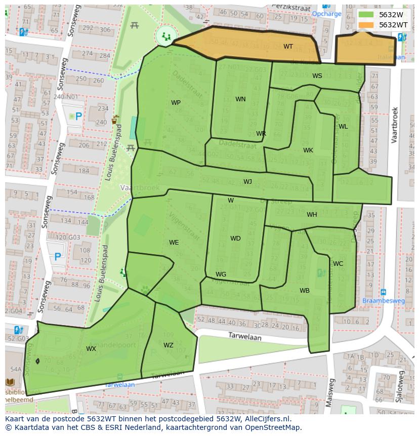 Afbeelding van het postcodegebied 5632 WT op de kaart.