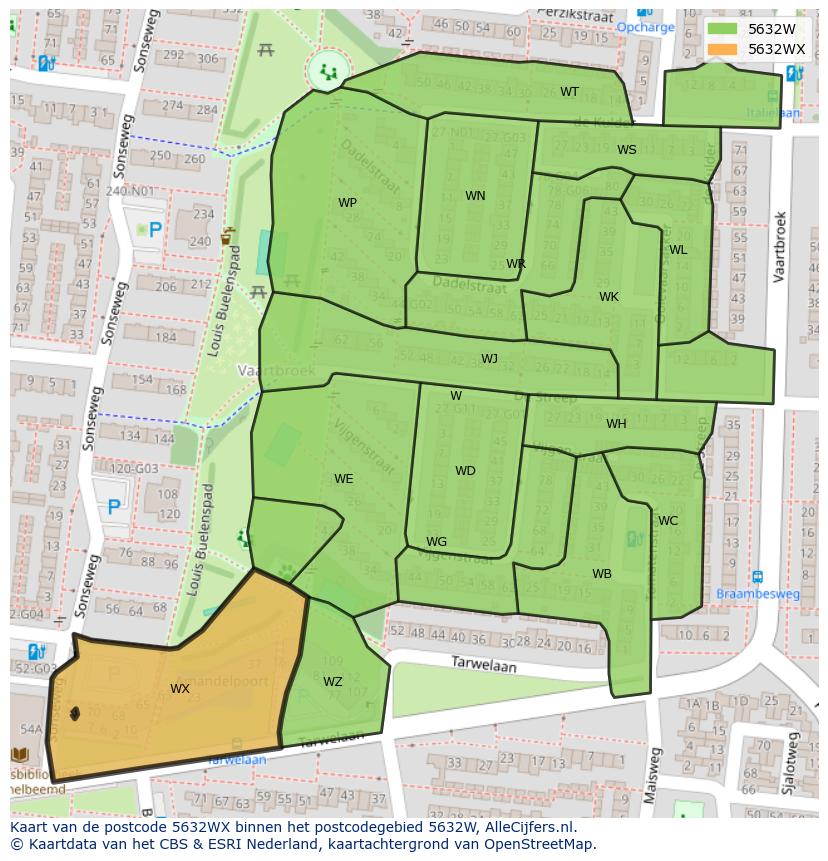 Afbeelding van het postcodegebied 5632 WX op de kaart.