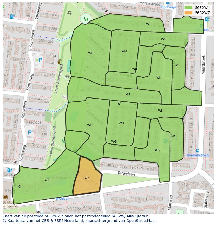 Afbeelding van het postcodegebied 5632 WZ op de kaart.