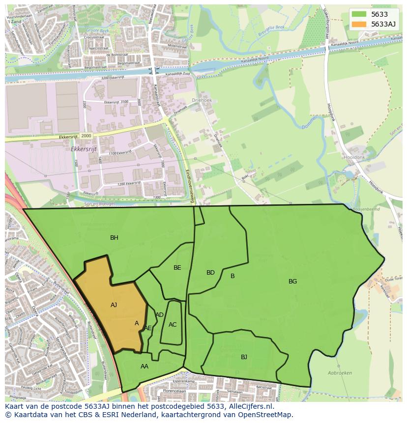 Afbeelding van het postcodegebied 5633 AJ op de kaart.