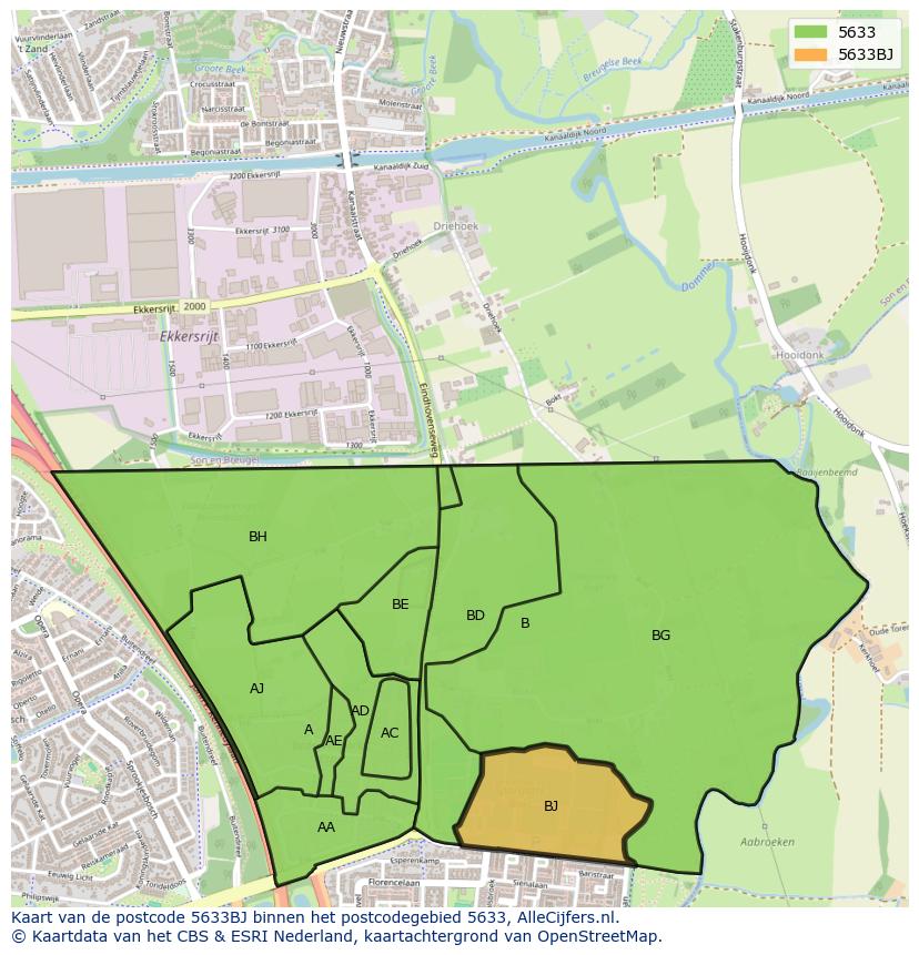 Afbeelding van het postcodegebied 5633 BJ op de kaart.