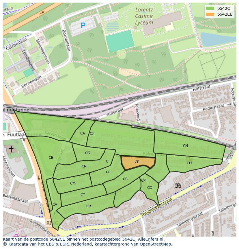 Afbeelding van het postcodegebied 5642 CE op de kaart.