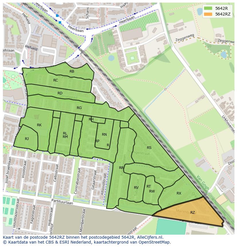 Afbeelding van het postcodegebied 5642 RZ op de kaart.