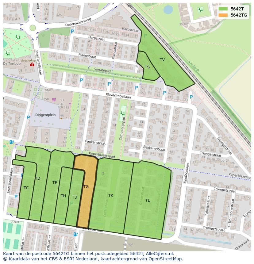 Afbeelding van het postcodegebied 5642 TG op de kaart.