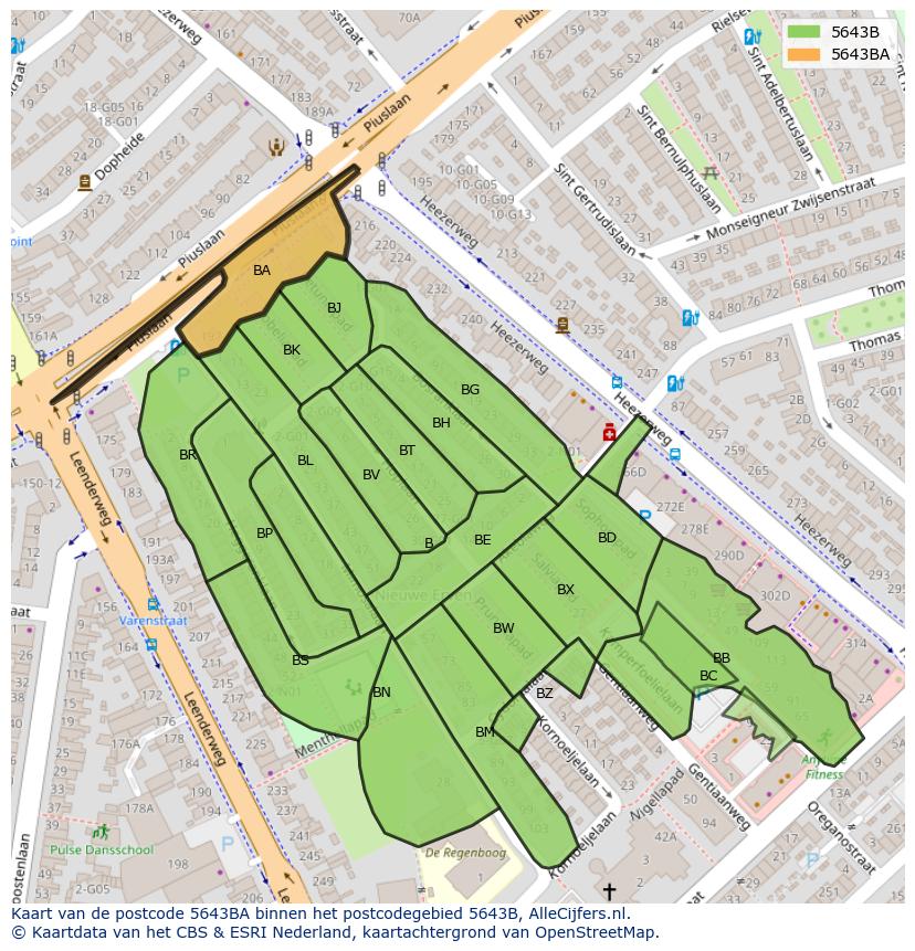 Afbeelding van het postcodegebied 5643 BA op de kaart.