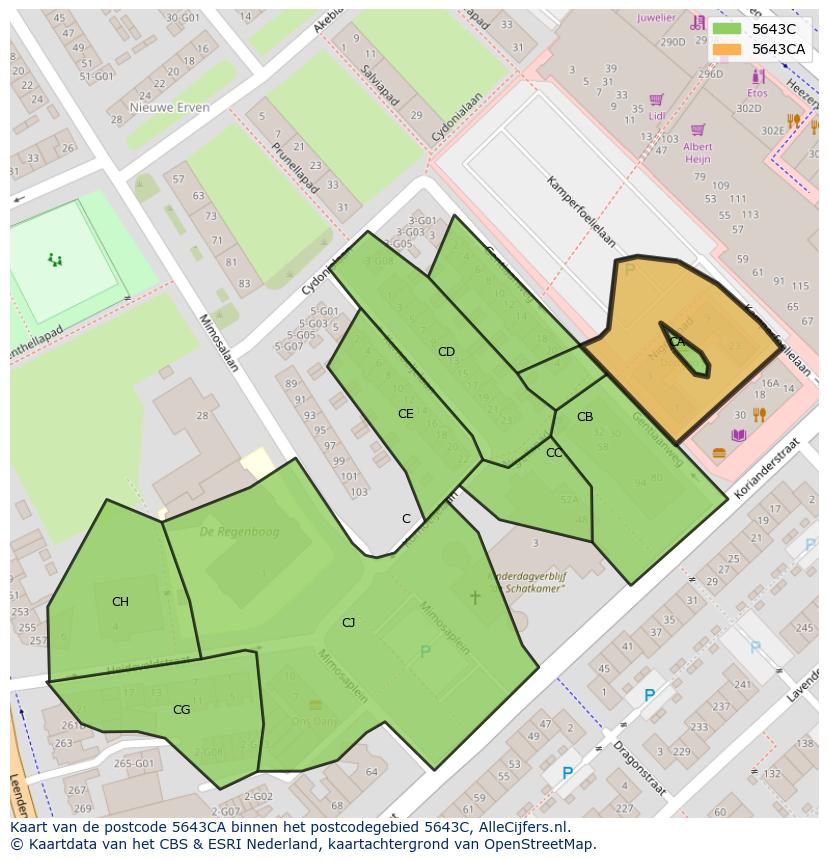Afbeelding van het postcodegebied 5643 CA op de kaart.