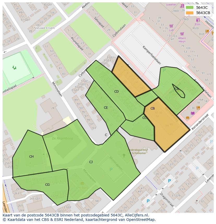 Afbeelding van het postcodegebied 5643 CB op de kaart.