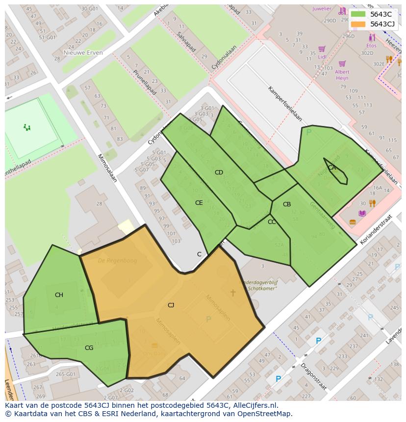 Afbeelding van het postcodegebied 5643 CJ op de kaart.