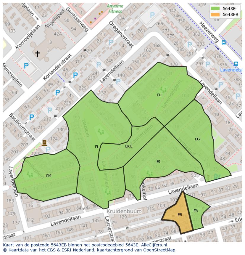 Afbeelding van het postcodegebied 5643 EB op de kaart.
