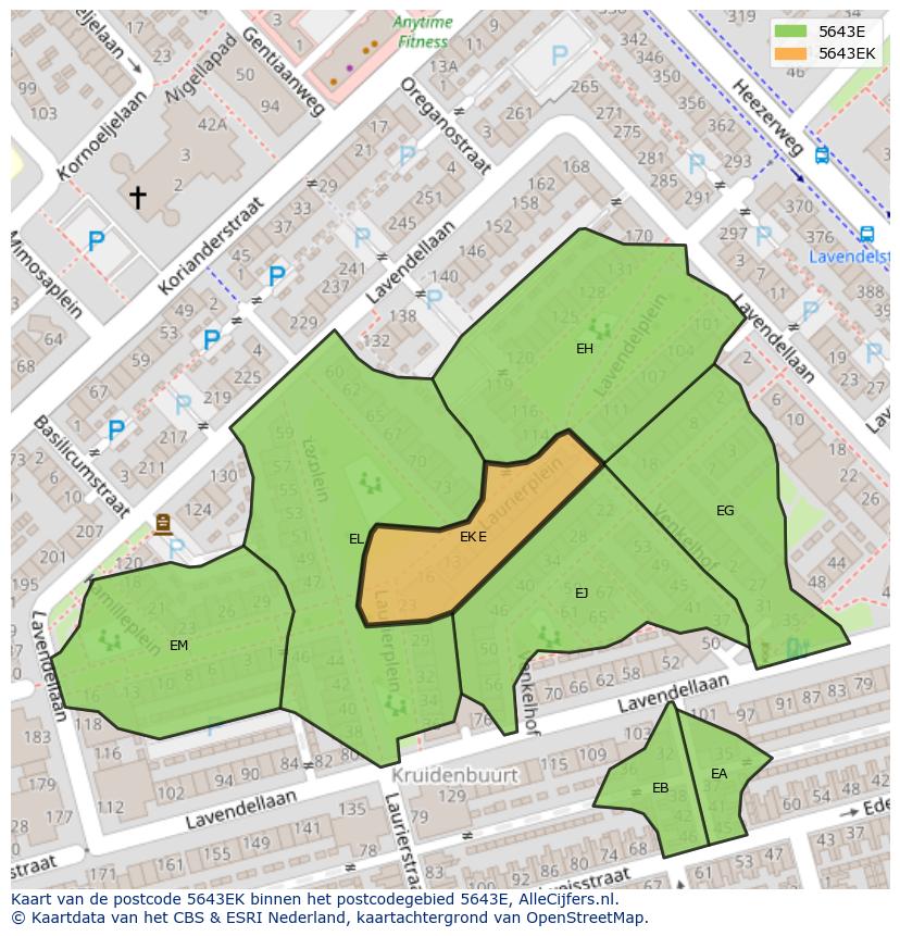 Afbeelding van het postcodegebied 5643 EK op de kaart.