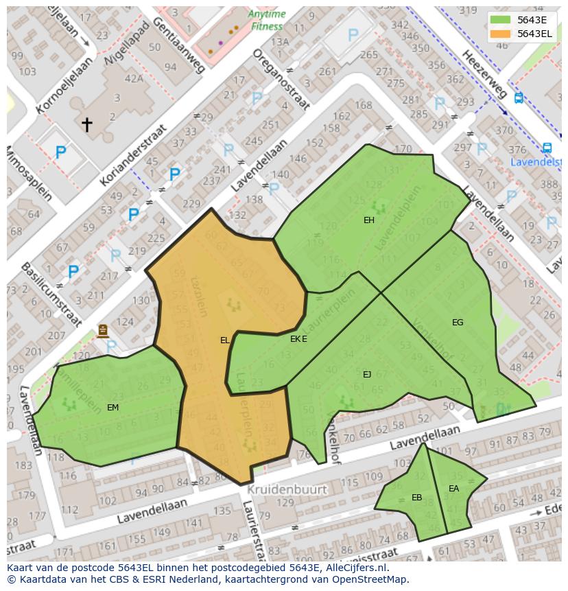 Afbeelding van het postcodegebied 5643 EL op de kaart.