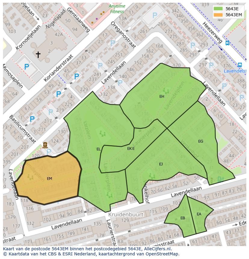 Afbeelding van het postcodegebied 5643 EM op de kaart.