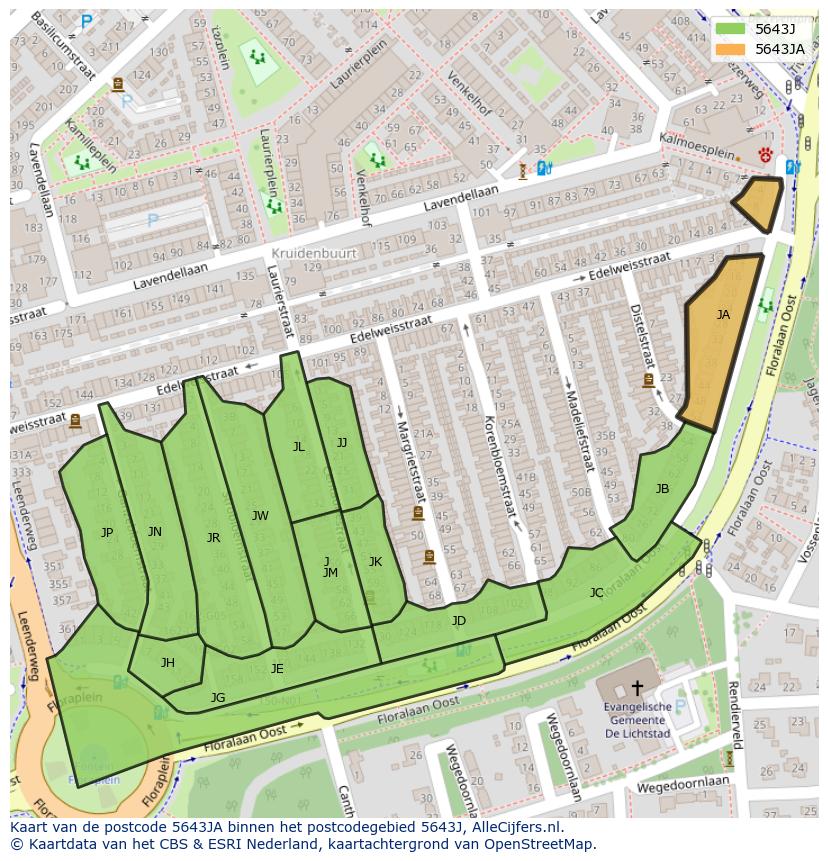 Afbeelding van het postcodegebied 5643 JA op de kaart.