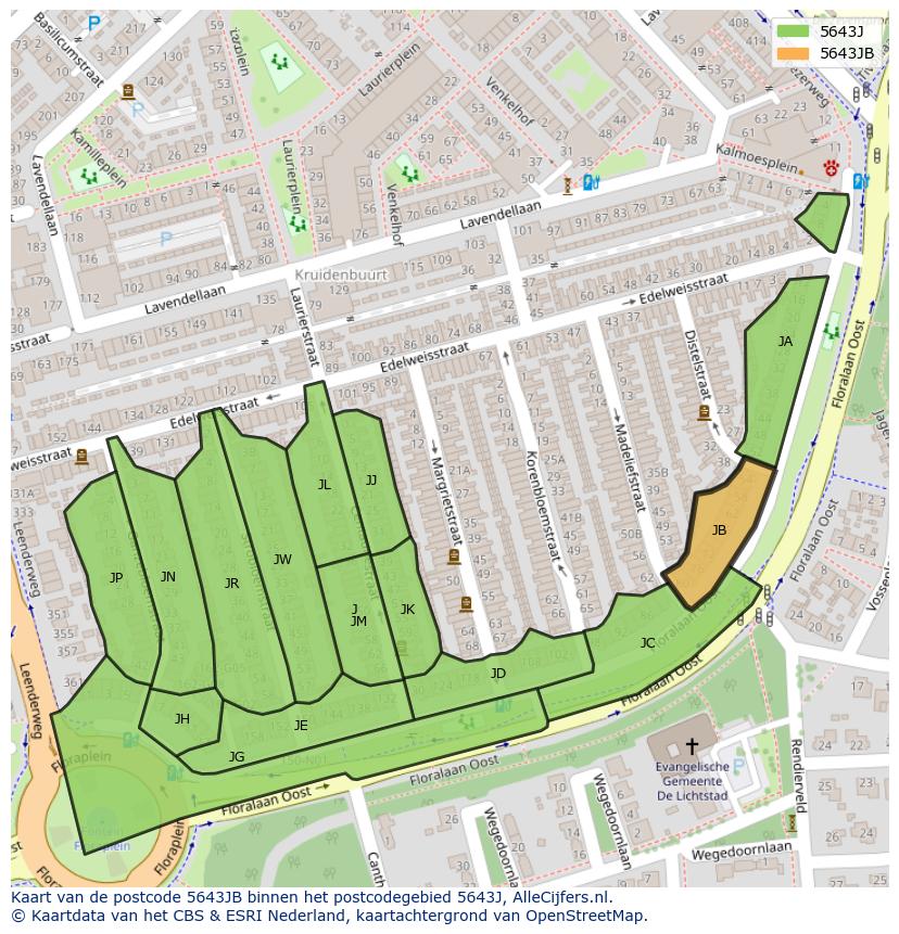 Afbeelding van het postcodegebied 5643 JB op de kaart.