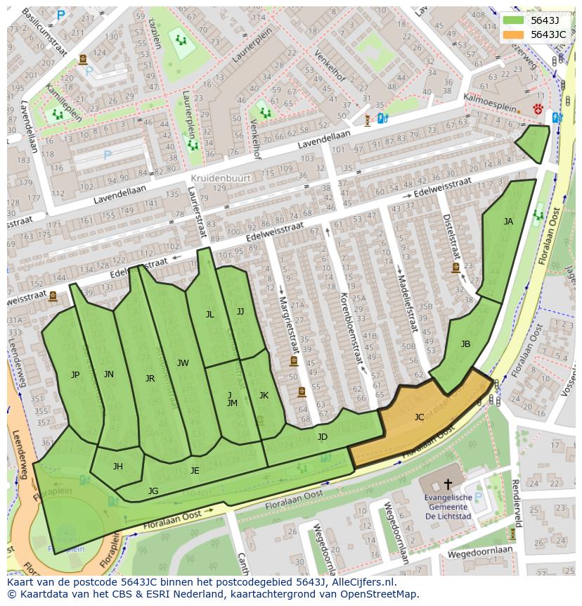 Afbeelding van het postcodegebied 5643 JC op de kaart.