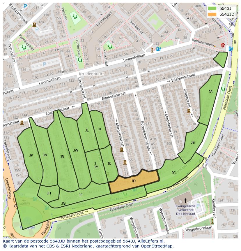 Afbeelding van het postcodegebied 5643 JD op de kaart.