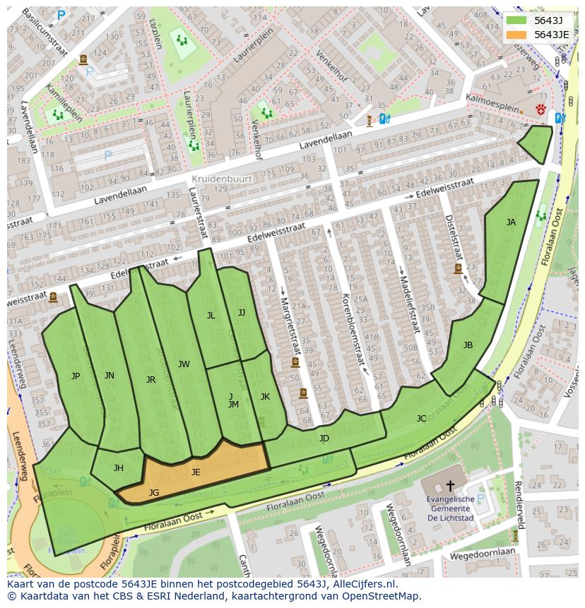 Afbeelding van het postcodegebied 5643 JE op de kaart.