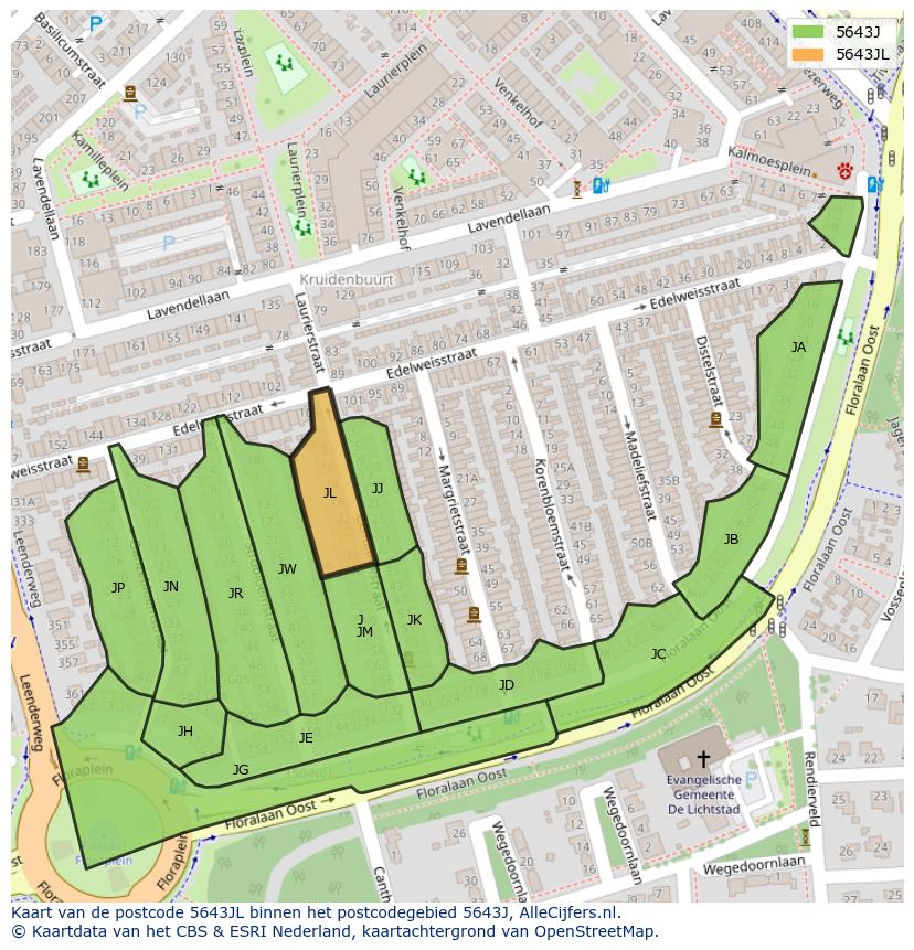 Afbeelding van het postcodegebied 5643 JL op de kaart.