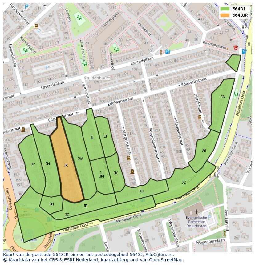 Afbeelding van het postcodegebied 5643 JR op de kaart.