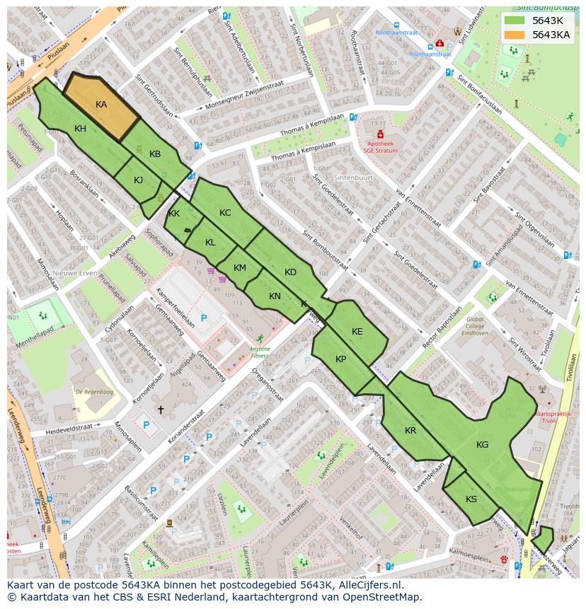 Afbeelding van het postcodegebied 5643 KA op de kaart.