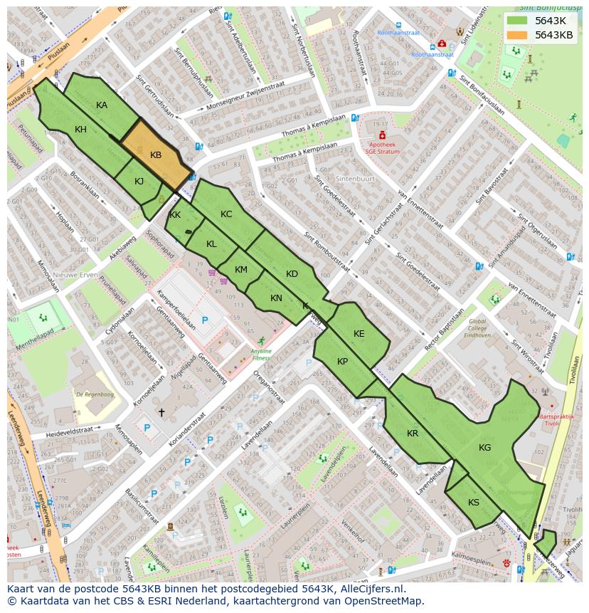 Afbeelding van het postcodegebied 5643 KB op de kaart.