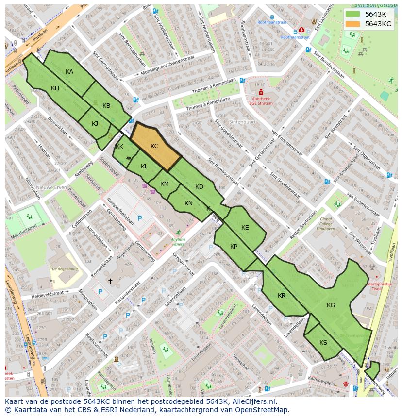 Afbeelding van het postcodegebied 5643 KC op de kaart.