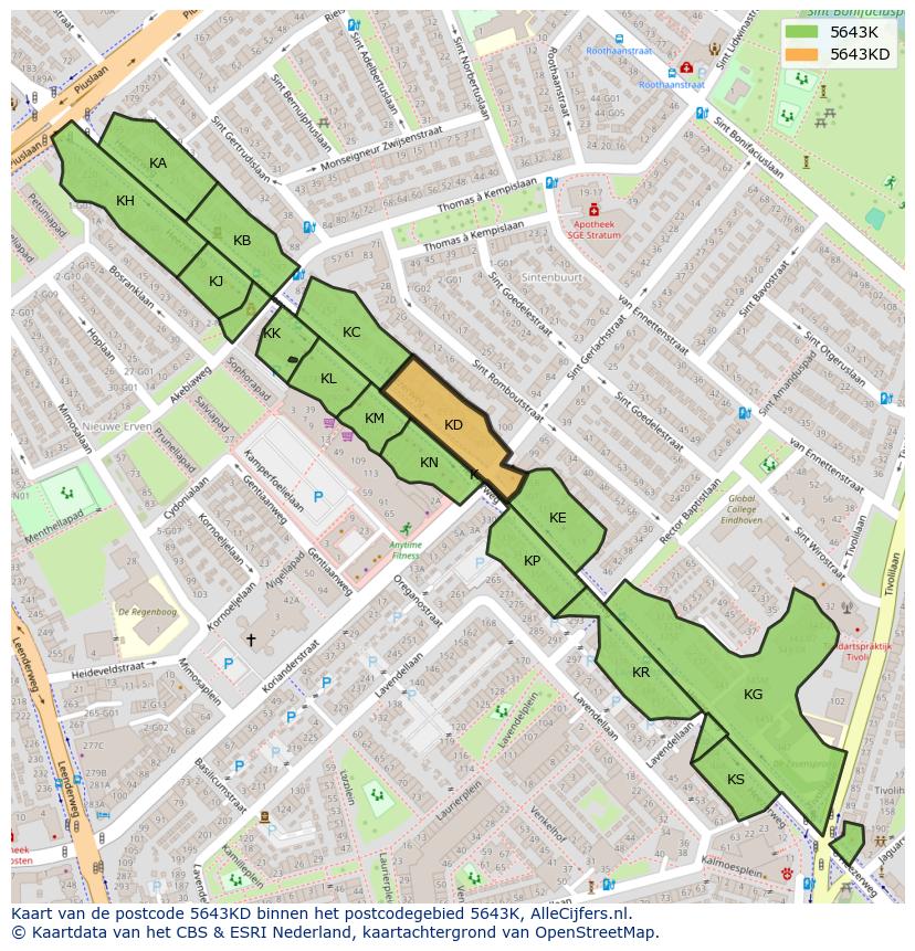 Afbeelding van het postcodegebied 5643 KD op de kaart.