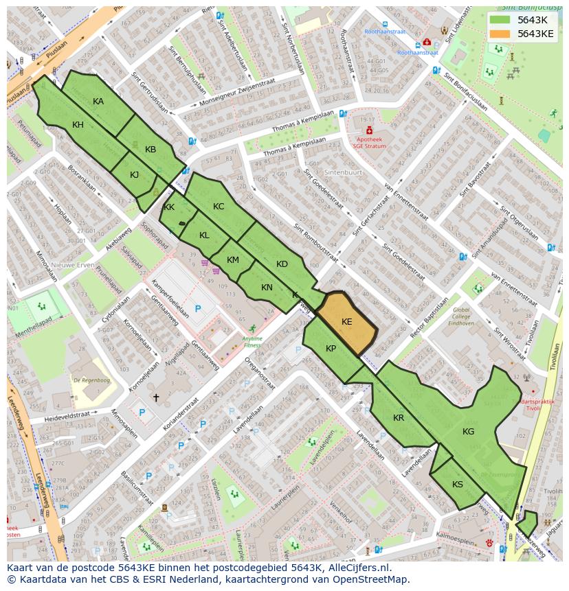 Afbeelding van het postcodegebied 5643 KE op de kaart.