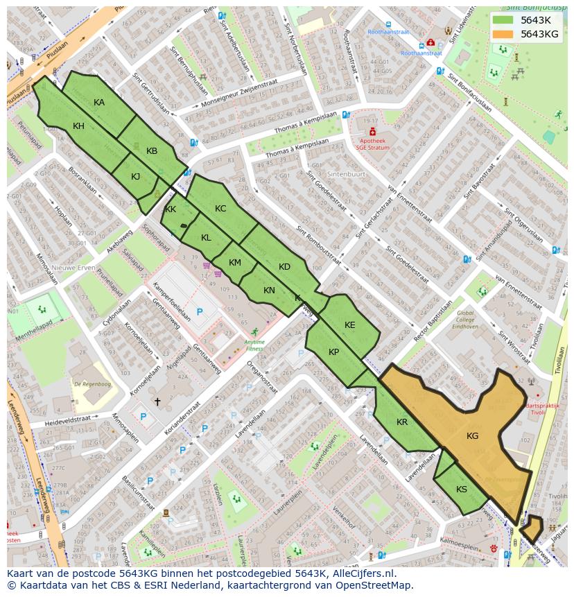 Afbeelding van het postcodegebied 5643 KG op de kaart.