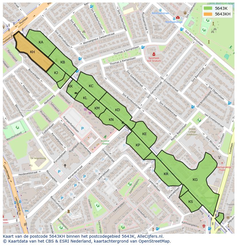 Afbeelding van het postcodegebied 5643 KH op de kaart.