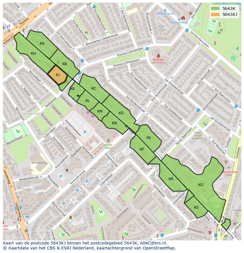 Afbeelding van het postcodegebied 5643 KJ op de kaart.