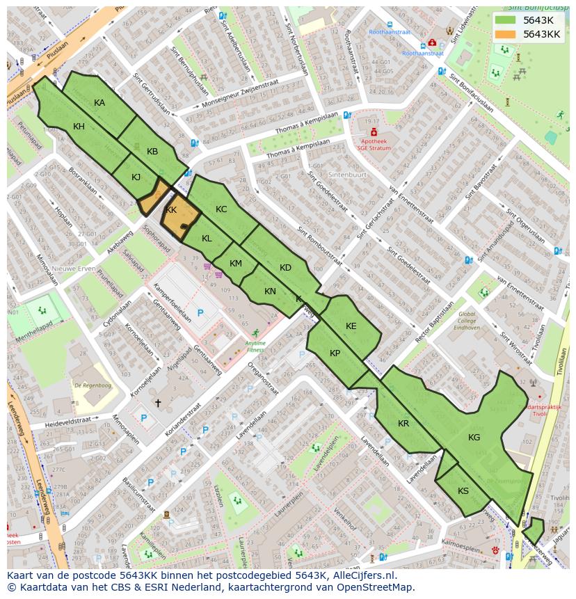 Afbeelding van het postcodegebied 5643 KK op de kaart.
