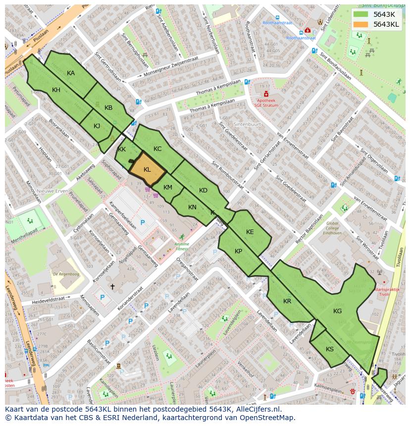 Afbeelding van het postcodegebied 5643 KL op de kaart.